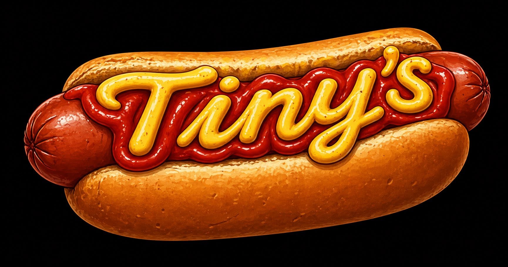 Artwork of a hot dog with the name Tiny's written in mustard