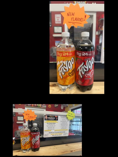 Two 24 ounce Faygo bottles under a sign reading new flavors