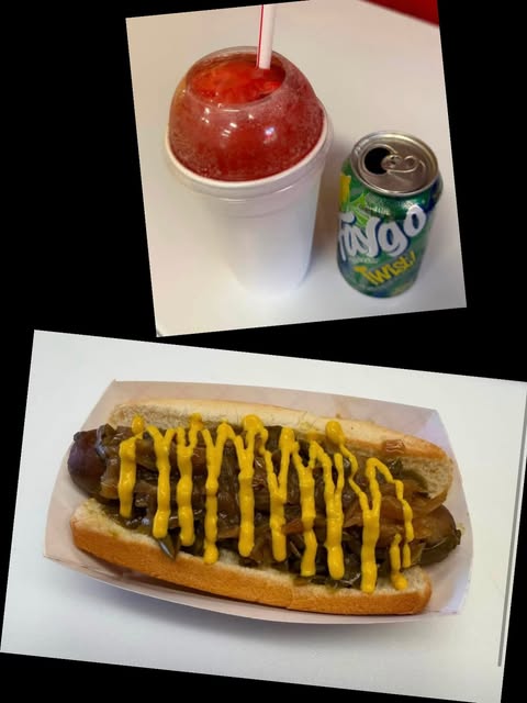A cherry slush, a can of Faygo Twist and a weiner with grilled onions and mustard